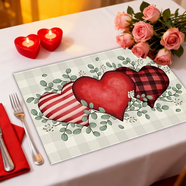 Napperons de la Saint-Valentin / Napperons Décoratifs en Polyester / Motifs de Cœurs Multicolores avec Nœud d'Amour / Décor de Salle à Manger Réutilisable et Résistant aux Taches / Idéal pour les Cadeaux de Repas de Vacances
