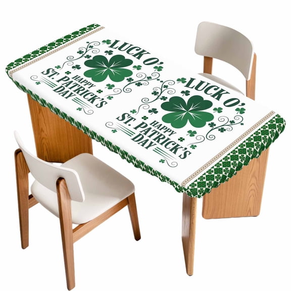 St. Patrick's Table Cloths for 5 Foot Rectangle Tables, Lucky Shamrock Leaves Farmhouse Green Plaid Patio Waterproof Elastic Fitted Tablecloths, Washable Rectangular Table Cover for Camping