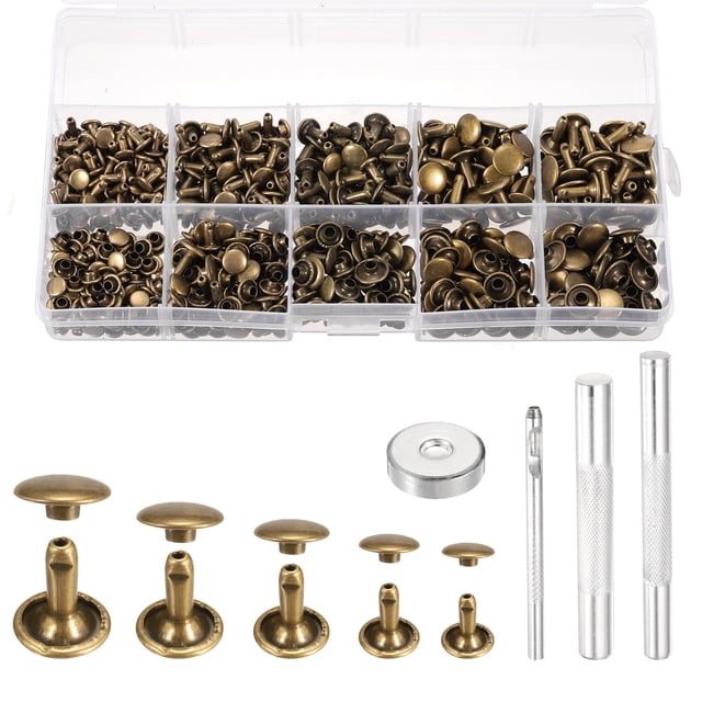 Uxcell Kit de Rivets en Cuir Double Capuchon 340, Tailles Mixtes Capuchon Rond Goujons Métalliques pour Réparation de Collier pour Animaux, Bronze