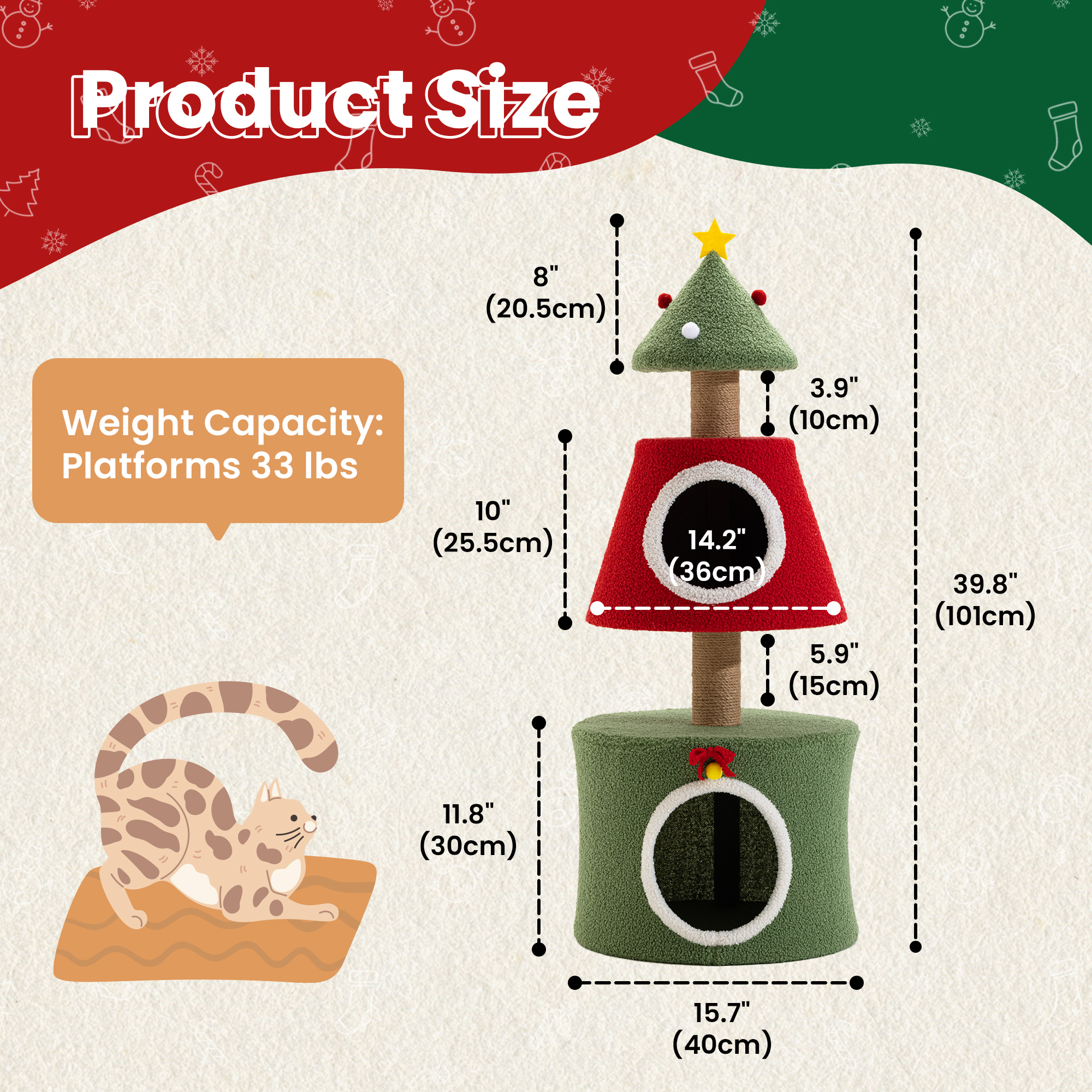 VENTOPYR Christmas Tree Shaped 40" Cat Tree with Scratching Post & Cat Condo Playhouse