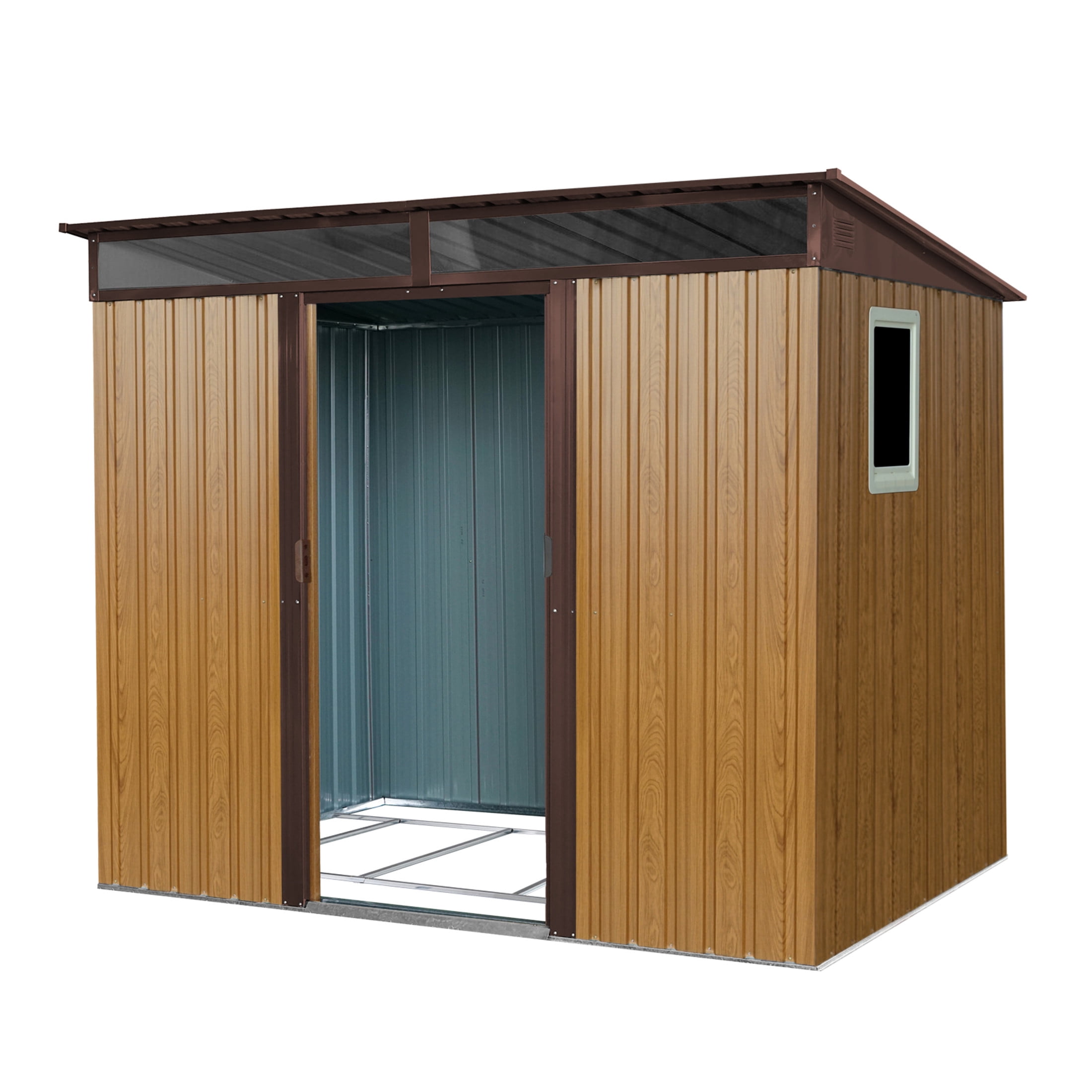 Noble House 8x6 FT Outdoor Metal Storage Shed with Window & Transparent Plate, Galvanized Steel Garden Utility Room, Coffee