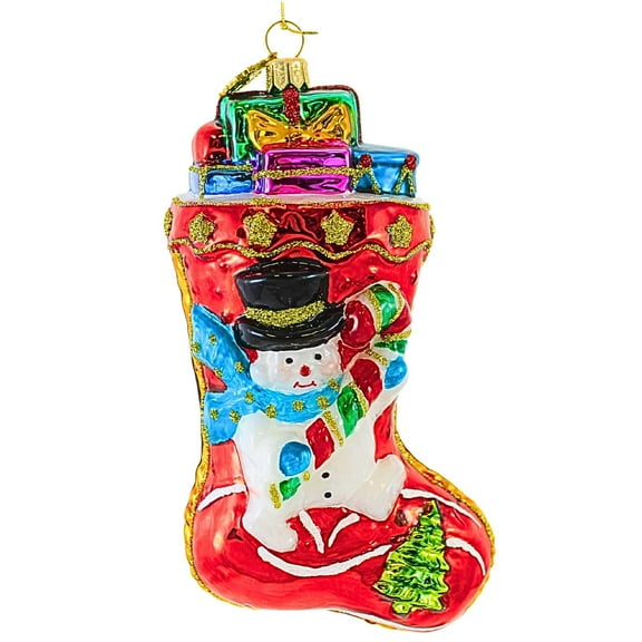 Huras Family 5.00In Stocking With Snowman, Glass, Presents Christmas Hand-Painted Hf236