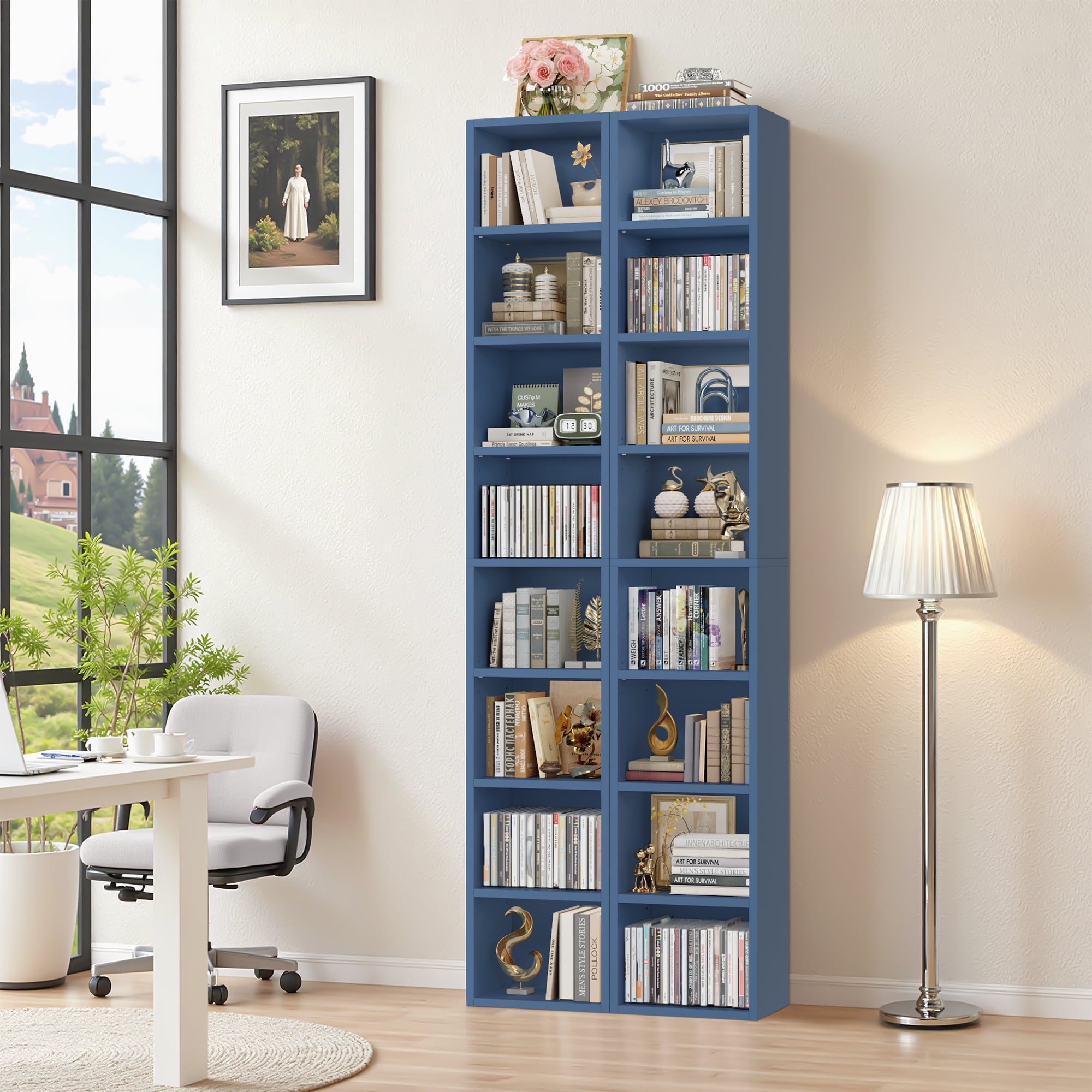 Homfa 8-Tier Media Tower, CD DVD Media Storage Unit with 4 Adjustable and 3 Fixed Shelves for Living Room Bedroom, 2PCS, Blue