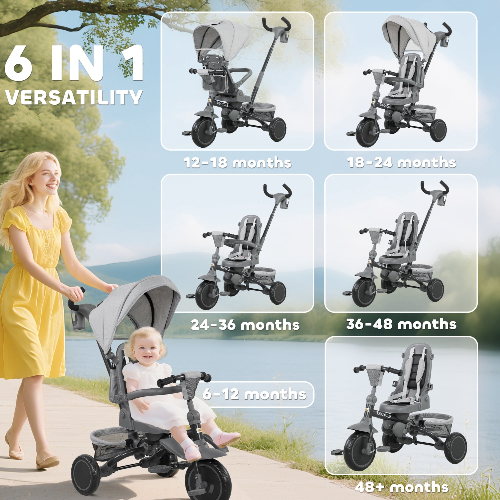 Qaba 6 in 1 Kids Tricycle with Adjustable Push Handle, Foldable Bike Stroller with Removable Canopy, Reversible Seat, for 1-5 Years, Gray