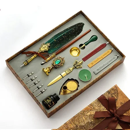 1 Set Retro Calligraphy Feather Dip Pen Quill Fountain with Wax Seal Stick-Green Wax Seal Wedding Gifts-Green