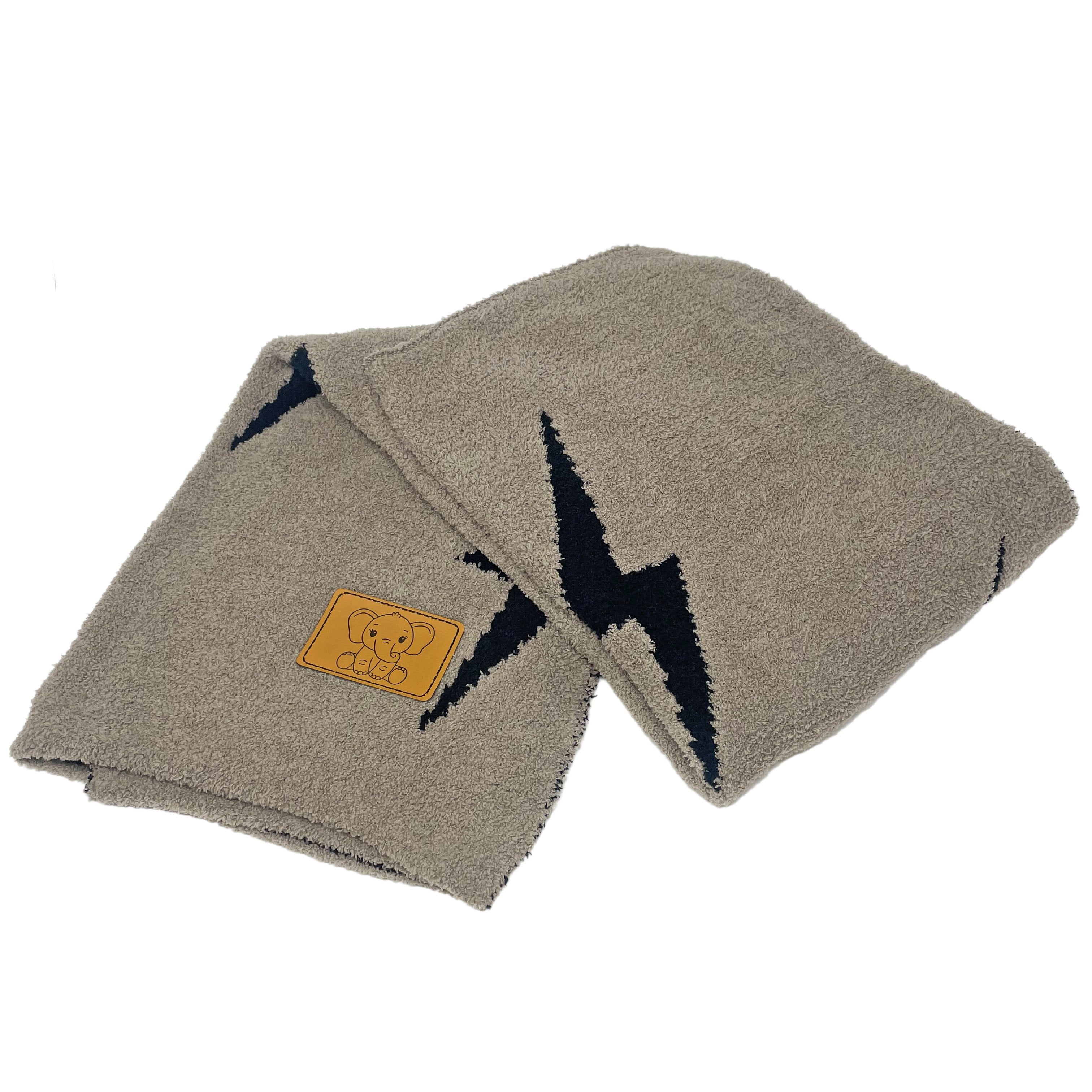 Lightning Bolt Baby Blanket 28"x40" with Leather Patch - Soft Knitted Throw - Receiving Blanket/Newborn Gift Essential for Nursery Black/Brown