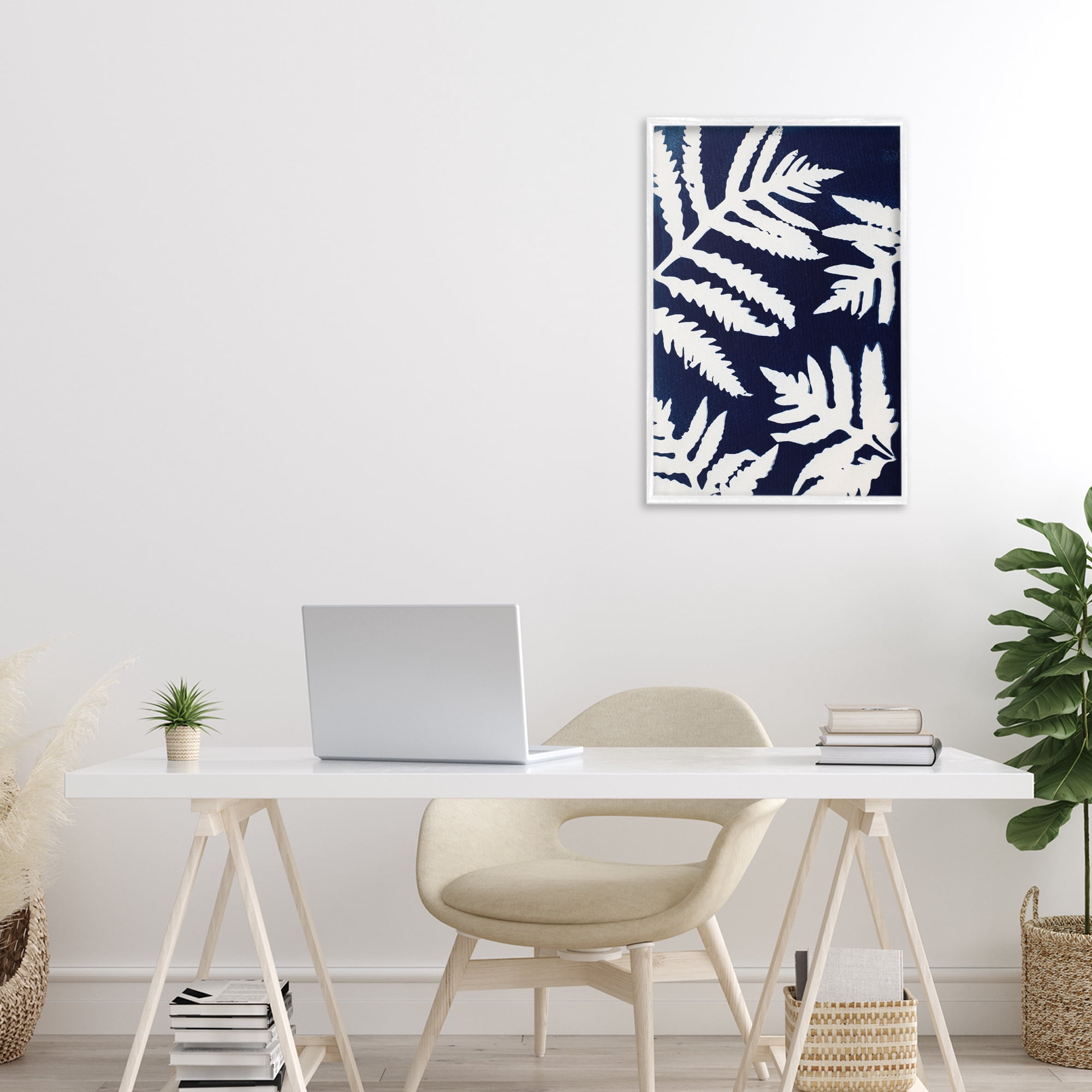 Stupell Industries White Ferns on Indigo White Framed Giclee Art, design by Lynn Byrd