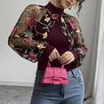thumbnail image 2 of Uootdi Womens Sheer Floral Embroidered Block Tops Stand Collar Balloon Sleeves Cropped Boleros Casual Evening Wear Chic Outfit Gift, 2 of 5