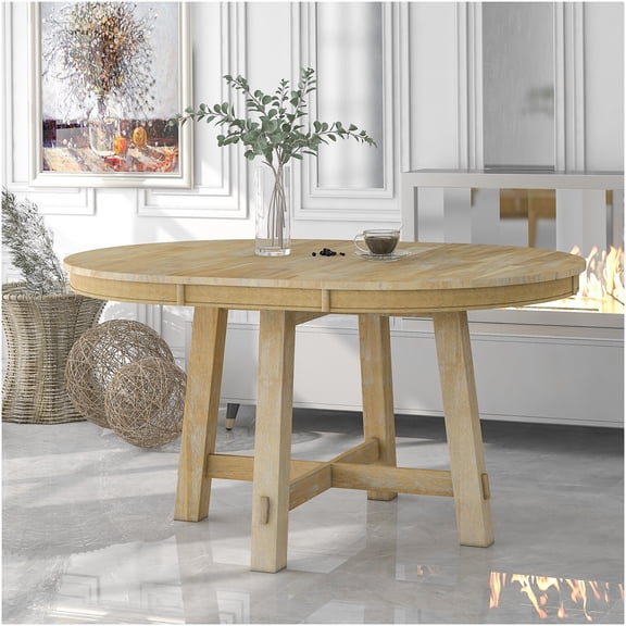 Farmhouse Kitchen Table with Extension Leaf, Round Solid Wood Dining Table in Natural Wash Finish