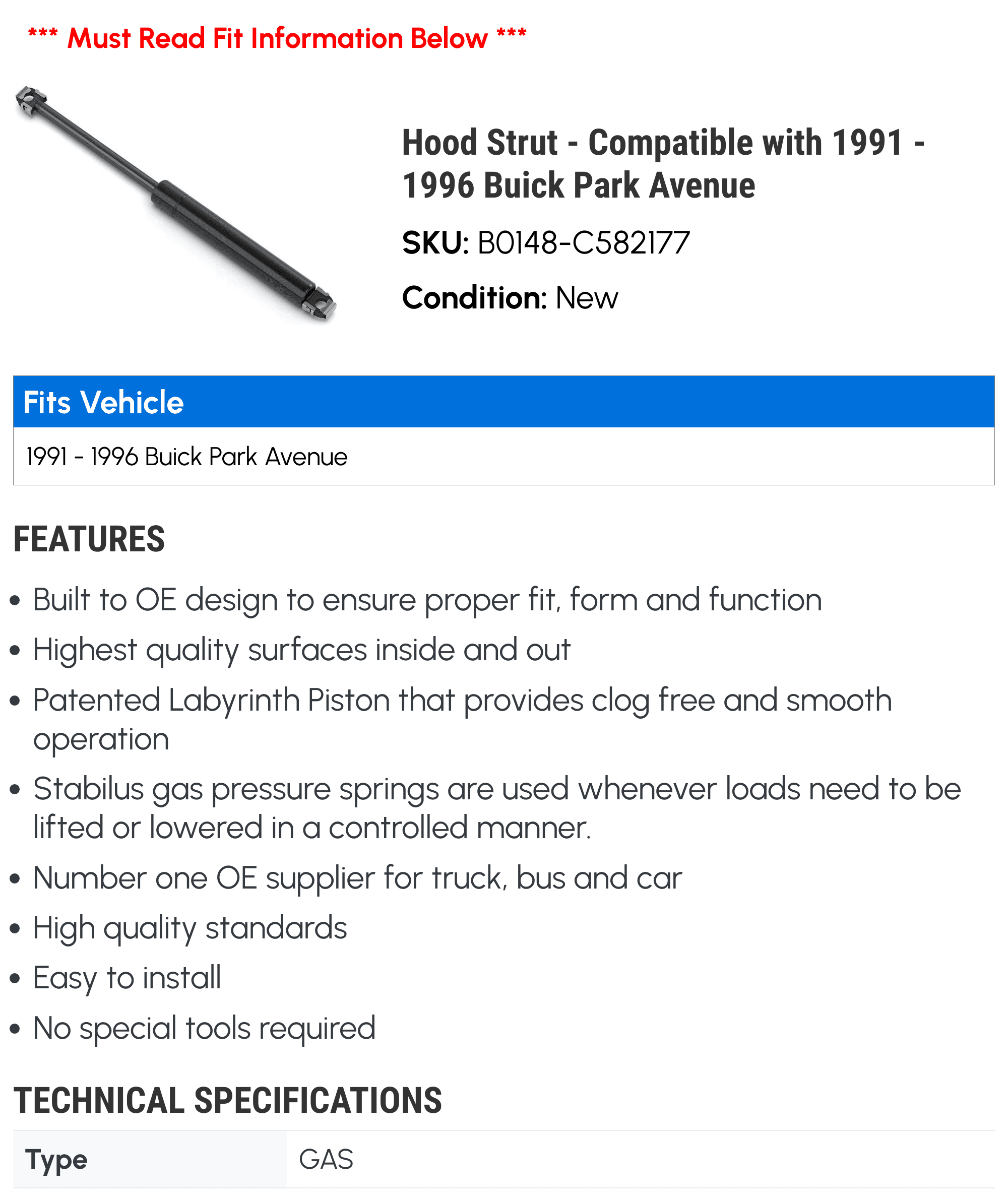 Hood Strut - Compatible with 1991 - 1996 Buick Park Avenue 1992 1993 1994 1995