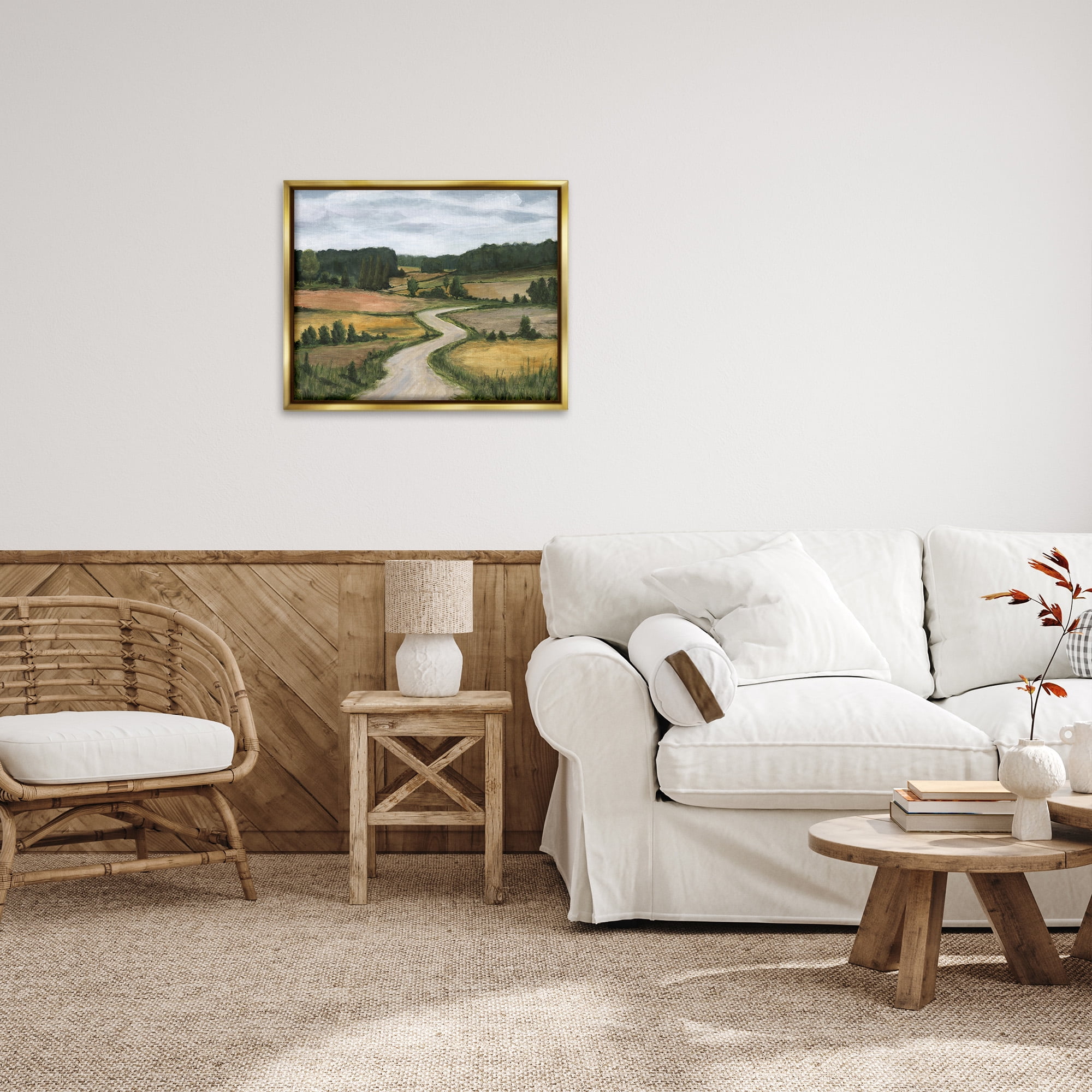 Stupell Industries Waning Rural Rode Landscape Painting Gold Floater Framed Canvas Art Print Wall Art, 31 x 25