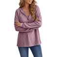 thumbnail image 2 of CQONEPT Womens Ribbed Hoody Pullover Button V Neck Sweatshirt Tops Dressy Casual Long Blouses Stretch Fall Fashion Clothes Purple XL, 2 of 7