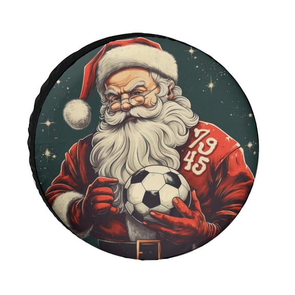 Camping Spare Tire Cover Christmas Santa Playing Soccer Camping Wheel Protectors Tyre Covers Weatherproof Wheel Covers Ideal Gift for Sports Lovers Tire Cover Fit for SUV Truck Travel Trailer 12inch