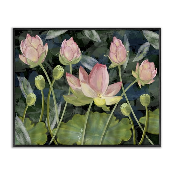 Stupell Industries French Country Pink Lotus Flowers and Lily Pad Pond Black Framed Giclee Art, 14 x 11, by Maureen Griggs