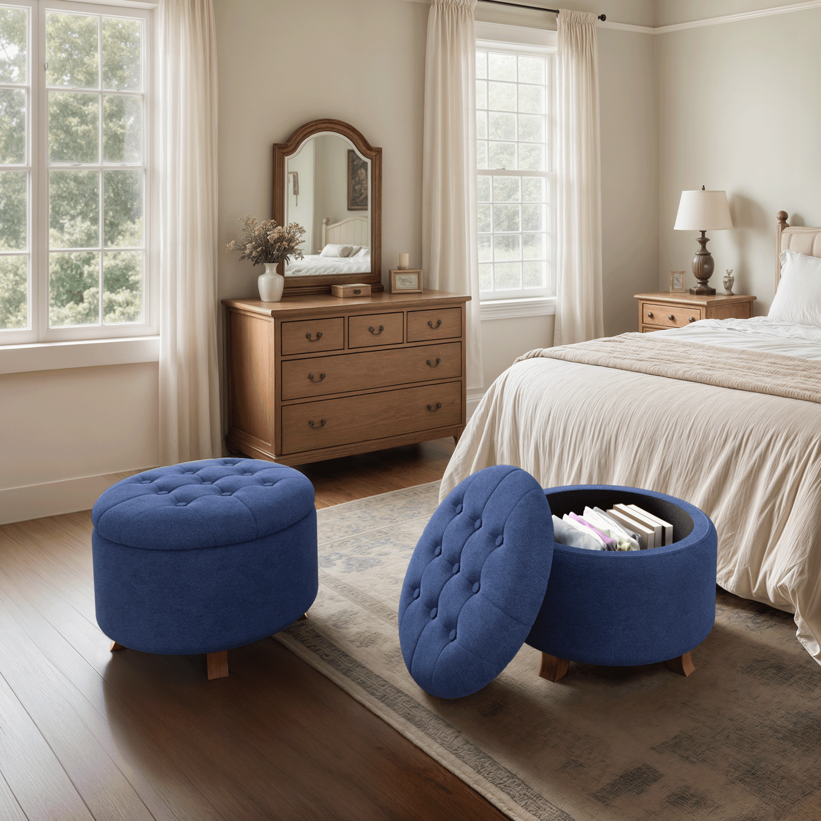 Magshion Storage Ottoman with Padded Seat, Modern Cotton-linen Footrest, Round Seat stool for Living Room Bedroom , Navy Blue