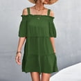 thumbnail image 2 of Womens Summer Dresses Cold Shoulder Solid Strappy Short Sleeve Casual Short Dress Tiered Flowy Cute Beach Sun Dresses, 2 of 7