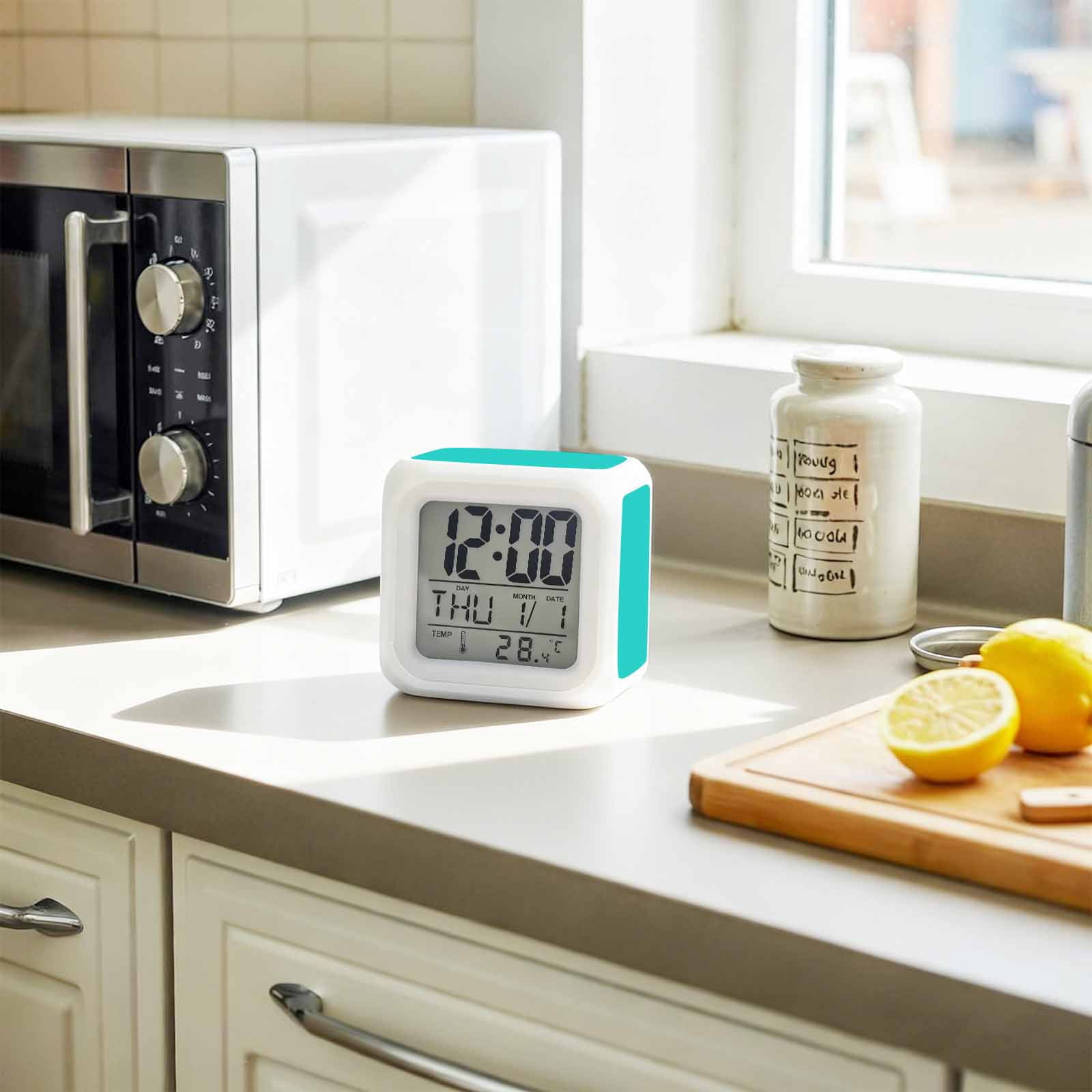 Turquoise Digital Alarm Clock for Bedrooms, Smart LED Alarm Clock with 7 Color Changing Night Light, Modern Pure Turquoise Silent Wake Up Clocks for Sleep Study Cooking 3.2"x3.2"