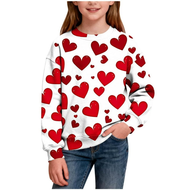 LckLvx Chandails en Molleton Filles Garçons Saint-Valentin Col Rond Imprimé Cœur Mignon Chandail Décontracté Tendance Manches Longues Enfants