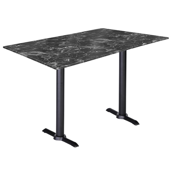 Two Indoor/Outdoor 36" Tall OD211EB Black Table Bases with a 22" Foot and a 30" x 48" Indoor/Outdoor Black Marble Top by the Holland Bar Stool Co.