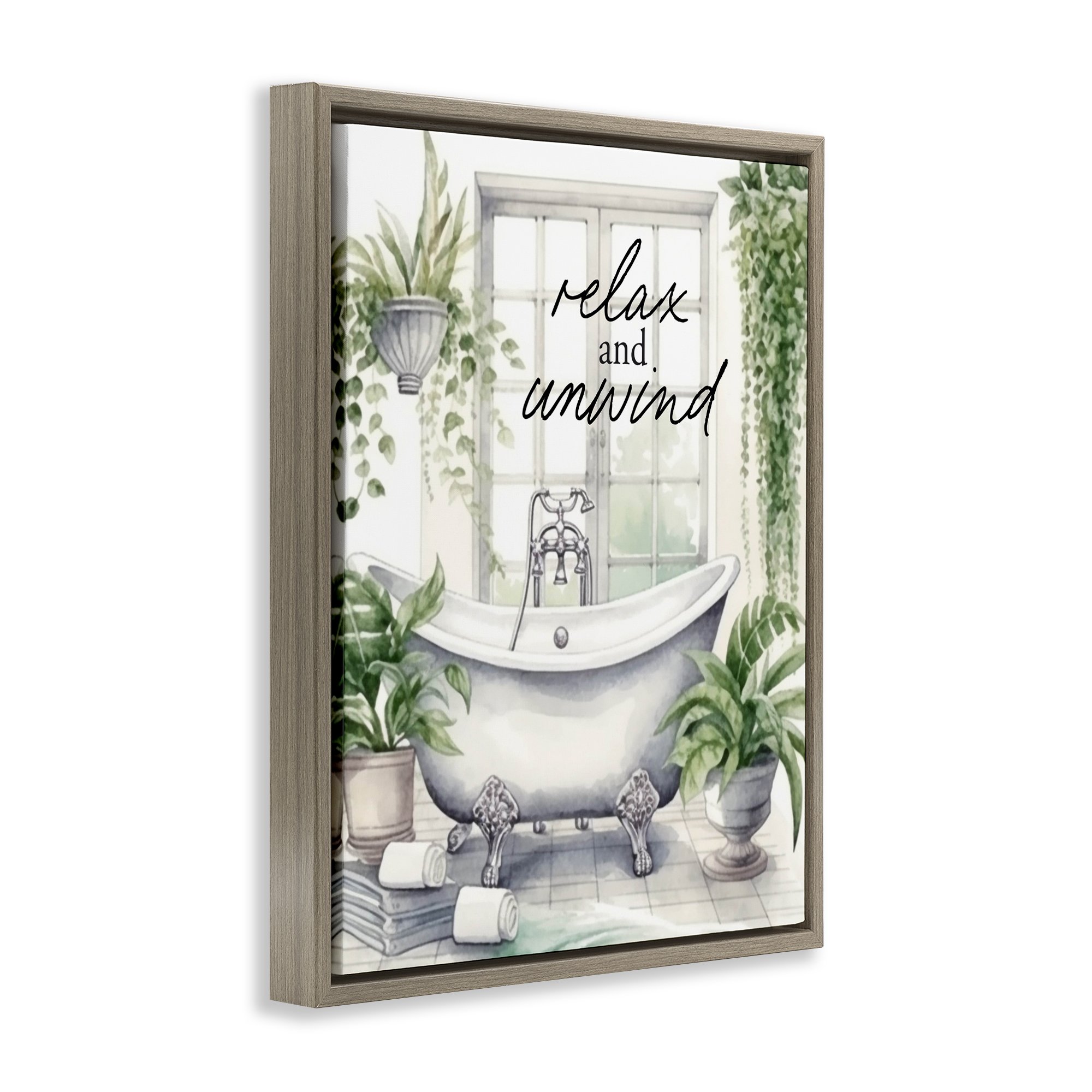 Relax Unwind Bath & Foliage Brown Framed Floater Canvas Wall Art, design by Lettered and Lined