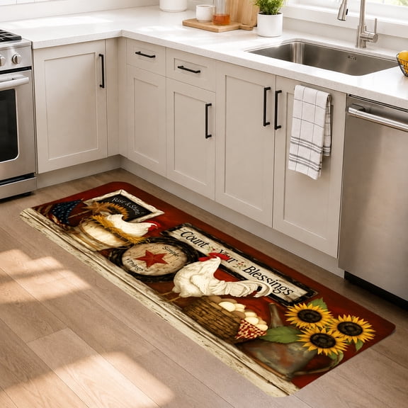 Farmhouse Kitchen Runner Rug 18x48 Inch, Rustic Chicken Rooster Kitchen Floor Mat with Sunflower Country Home Design, Non Slip Runner Rug for Kitchen Sink, Laundry Room, Bathroom, Entryway Decor
