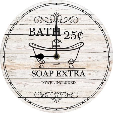 Vintage Bath House Wall Clock Rustic Bathroom Décor Wall Hanging Clock Farmhouse Home Decor for Restroom Bathroom Toliet Washroom Battery Operated Silent Non-Ticking 10x10 Inch