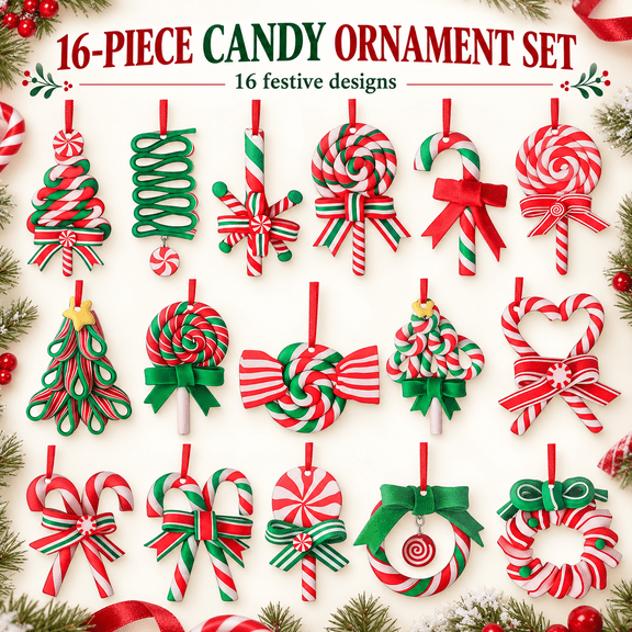 16pcs Christmas Ornaments, Christmas Tree Decorations, Colorful Wooden Candy Cane Hanging Xmas Decorations for Party and Home