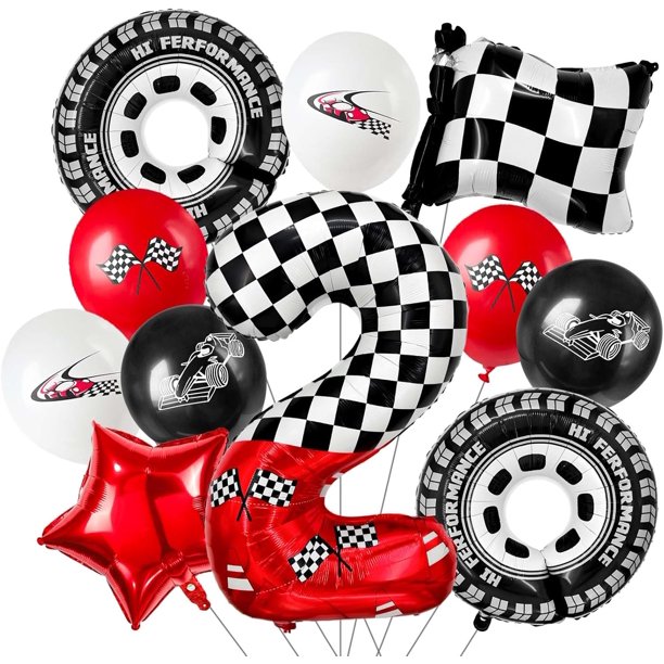 racing theme 40-inch digital foil balloon, featuring black and white checkered pattern and red racing elements, perfect for birthday party decorations and racing-themed events. (Number 3, 11)