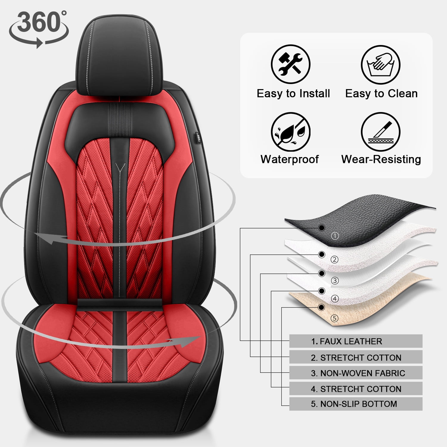 LAONNVIR Seat Covers Fit for 2009-2025 Ford F-150 Front Set Breathable Leather Vehicle Seat Cushion Suitable for All Seasons Black&Red,Front Seat