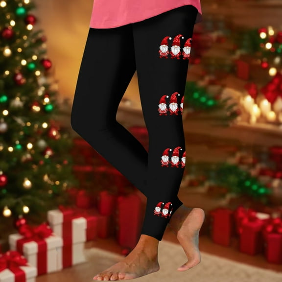 SYMOID Womens Red Christmas Gnome Print Stretchy Leggings - | Polyester Spandex Blend | Festive Comfort for Holiday Parties & Loungewear,Size M