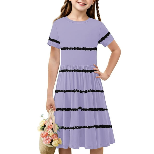 Ventes de Liquidation d'Été Iumwxz Tunique Robe Plissée Robe Ample Ligne A Robes Col Rond Rayé Graphique Robe à Manches Courtes pour Enfants Robes Tendance pour Cadeaux de Vacances 4-14 Ans