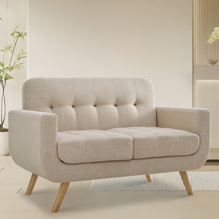49" W Loveseat Sofa, Mid Century Modern Decor Love Seat Couches for Living Room, Button Tufted Upholstered Small Couch for Bedroom, Solid and Easy to Install Love Seats Furniture, Beige