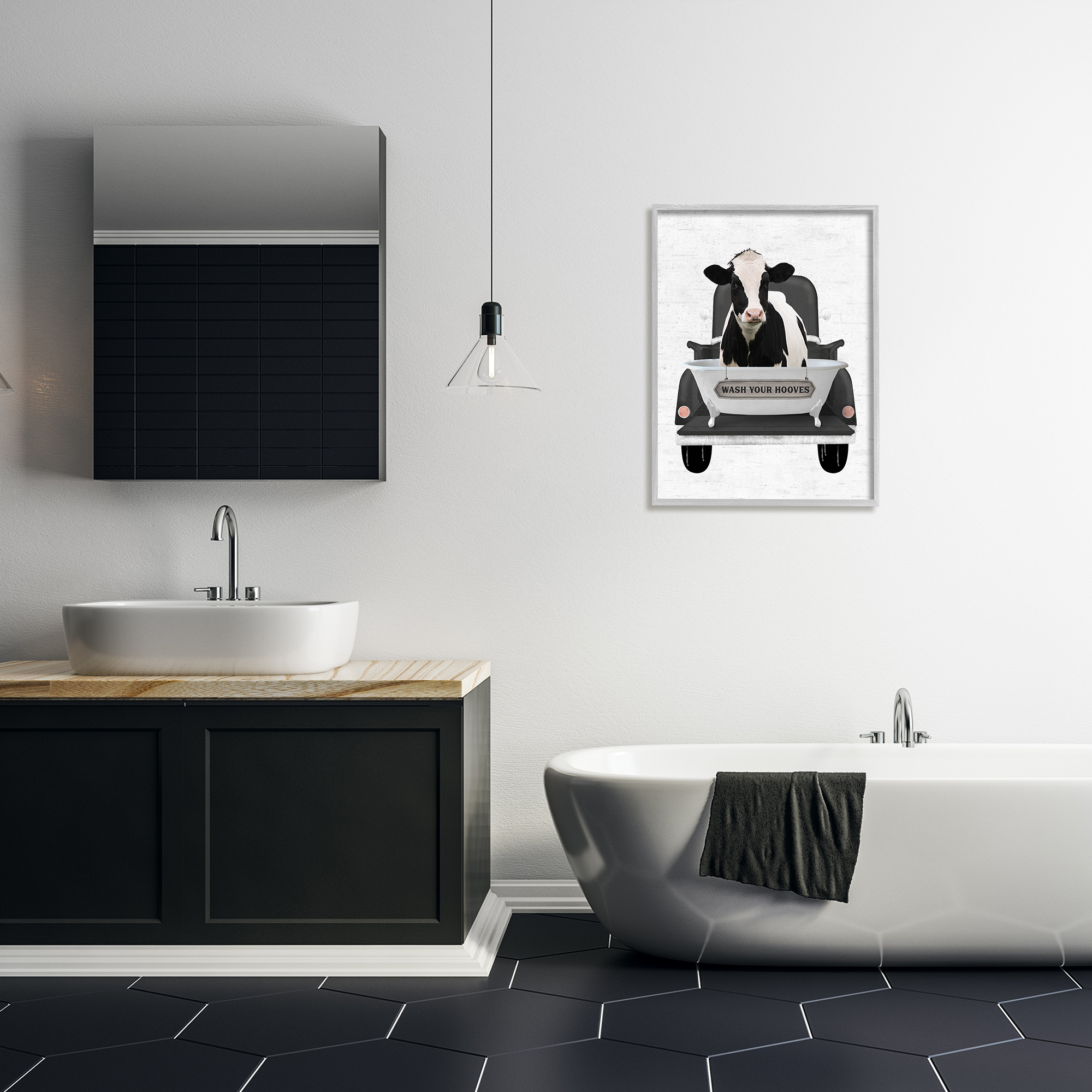 Stupell Industries Wash Your Hooves Cow Animals & Insects Painting Gray Framed Art Print Wall Art, 24 x 30