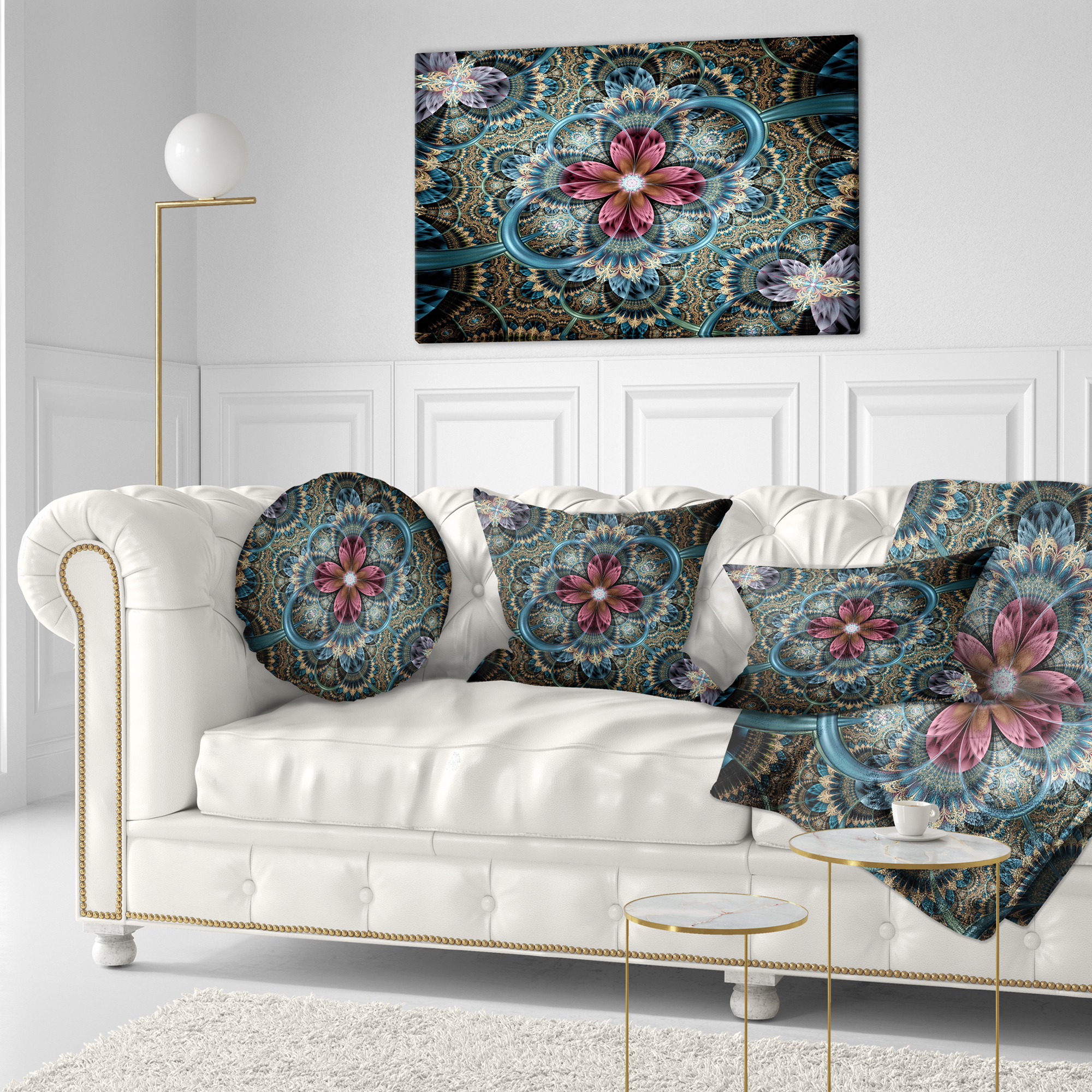 Designart Dark Purple Fractal Flower - Floral Throw Pillow - 12x20