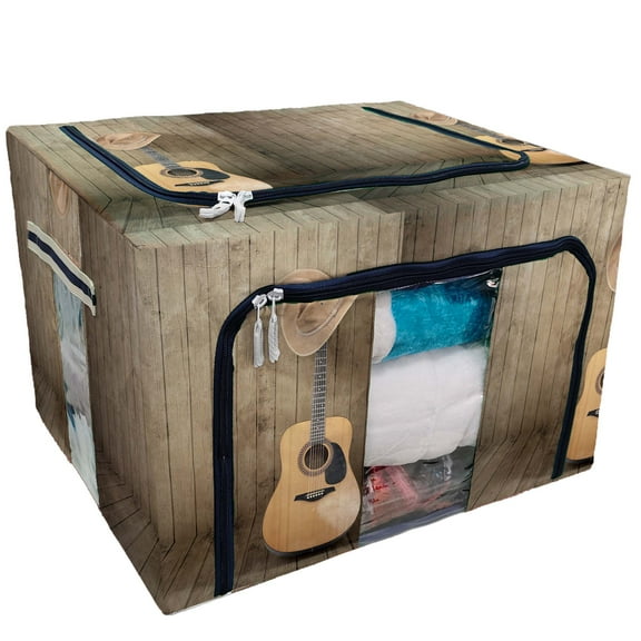 ECZJNT Cowboy hat guitar against wooden Storage Bag Clear Window Storage Bins Boxes Large Capacity Foldable Stackable Organizer With Steel Metal Frame For Bedding,Clothes,Closets, Bedrooms