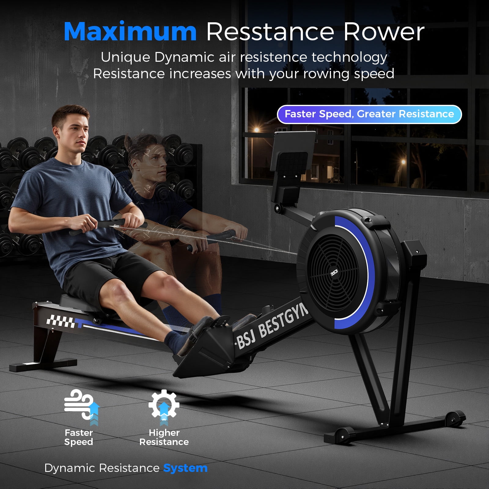 Rowing Machines for Home,  Adjustable Air Resistance Rower Machine with Extra Long Rail, Ergonomic Comfort Seat, Device Holder, Easy Storage