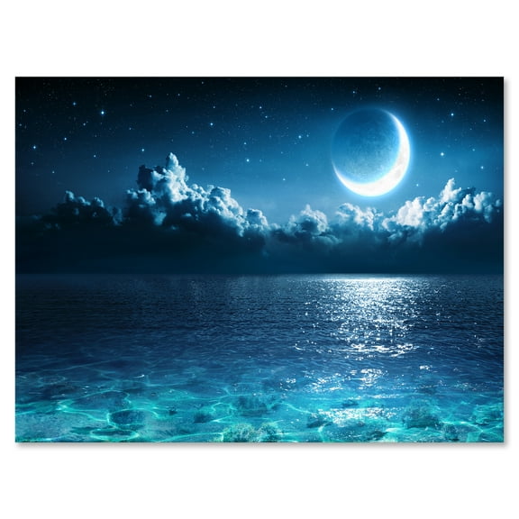 Designart ' Romantic Moon and Clouds Over Deep Blue Sea I ' Nautical & Coastal Canvas Wall Art Print