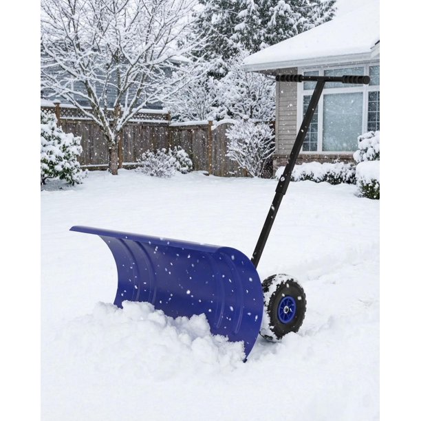 Yeshouse Pala quitanieves resistente con ruedas, cuchilla de acero ajustable, empujador manual ideal para limpiar nieve en entradas de vehículos y aceras sin dañar la espalda
