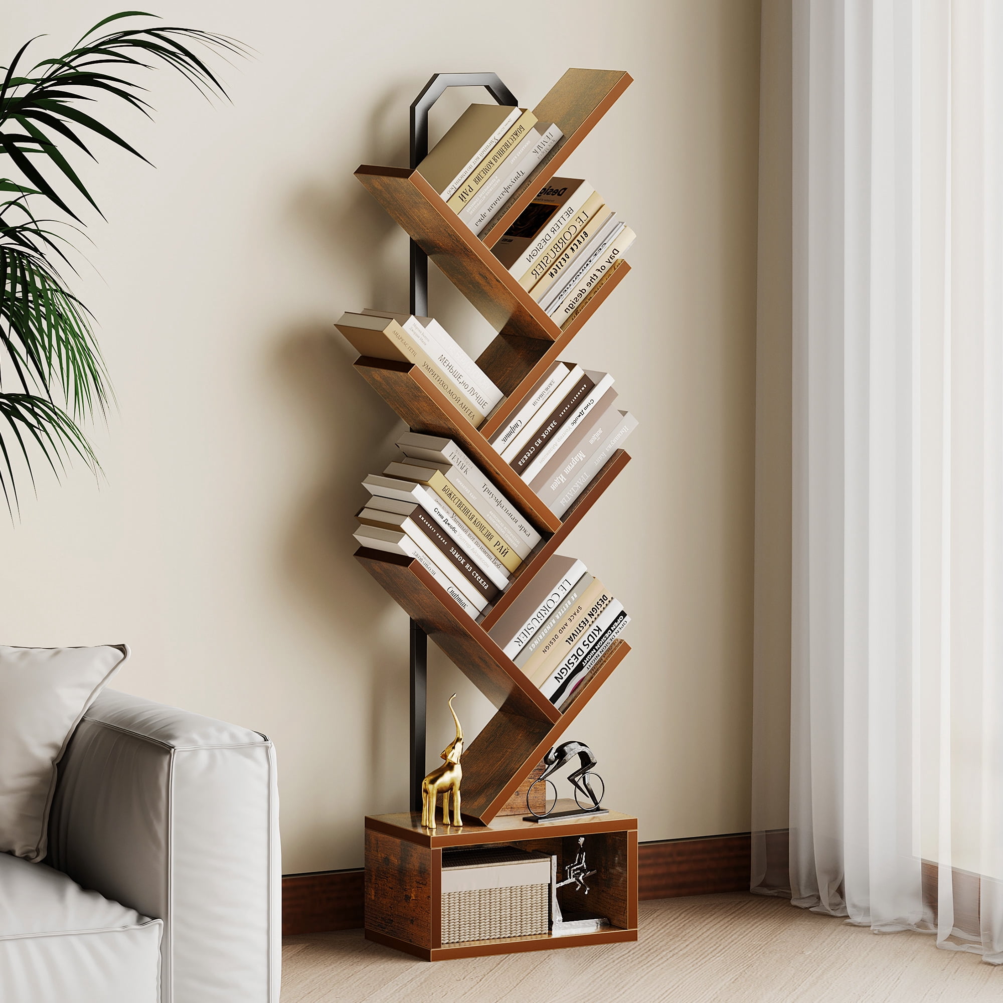 Casacomoda 6-Tier Tree Bookshelf for Corner & Small Space — Narrow Steel & Wood Bookcase, Tall Floor Standing Book Organizer Shelf with Storage Cabinet, Home Decor for Living Room, Bedroom, Vintage