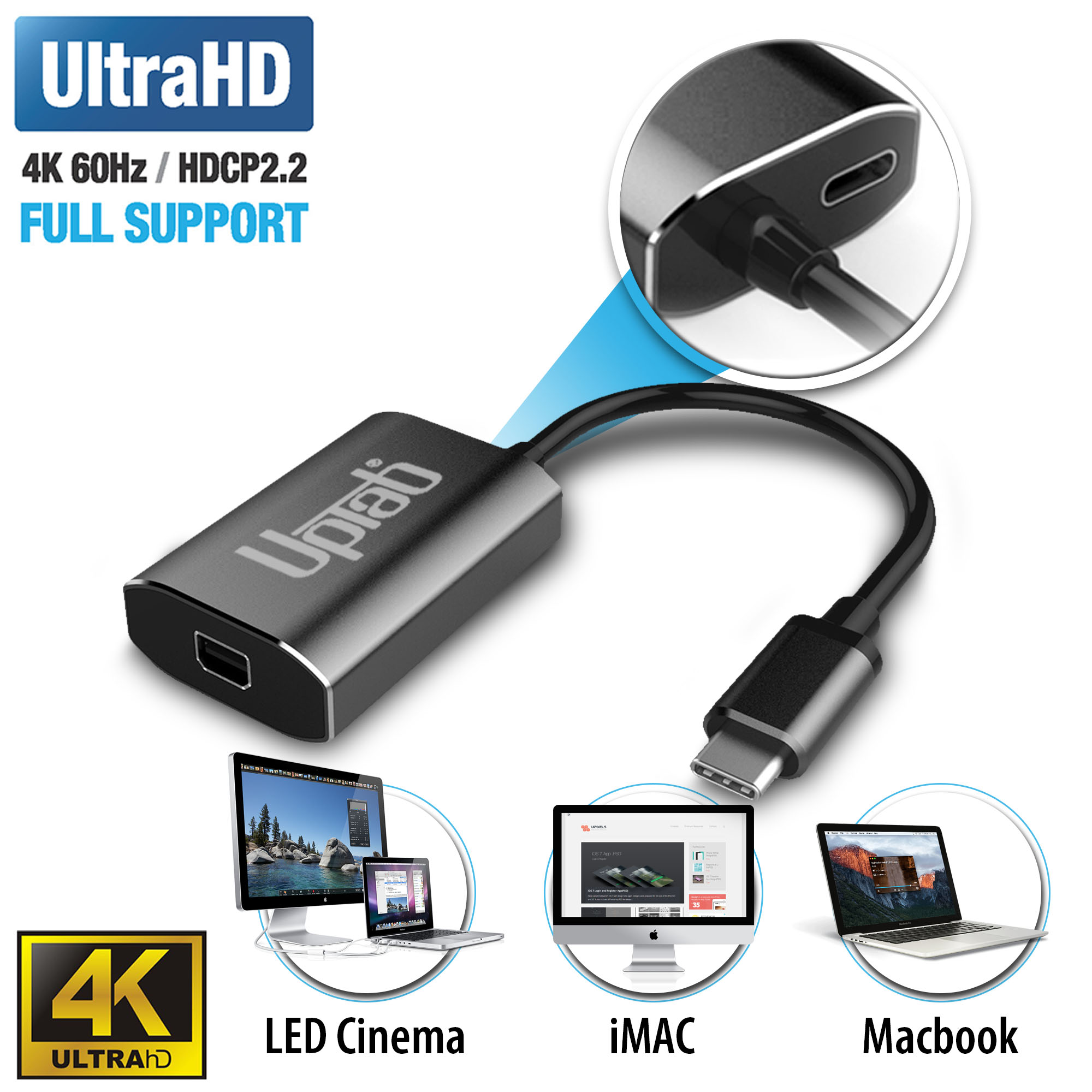 UPTab USB-C Thunderbolt 3 Male to Mini DisplayPort Male Cable with Power Port, Graphite