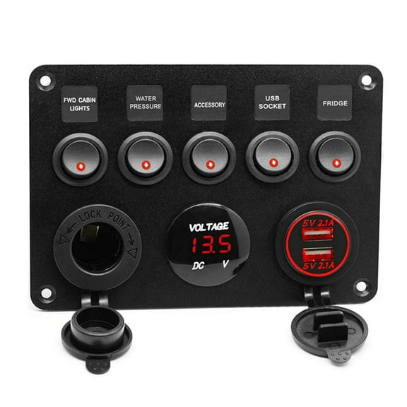 Boat Switch Panel Car Switch Panel Waterproof Digital Voltmeter Dual USB Port Outlet Combination Marine LED Rocker Green
