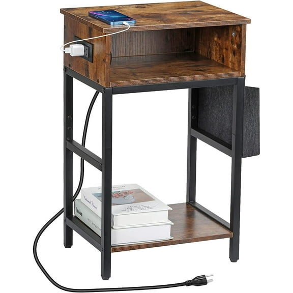 Oumilen Western Home End Table with Storage Bag, Drawer and Build-In Fast Charging Station with USB Ports Nightstand, Rustic Brown Wood