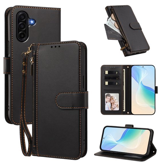 For Samsung Galaxy A37 5G 6.7-inch Wallet Case Multi-Card Slots Zipper Wallet Leather Phone Case,Black,For Galaxy A37 5G