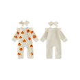 thumbnail image 2 of RUINIXCW Newborn Baby Girl Halloween Outfit Infant Baby Girl Fall Winter Clothes Waffled Romper Pumpkin Ghost Embroidery Ruffled Long Sleeve Zipper Jumpsuits Headband Set, 2 of 9