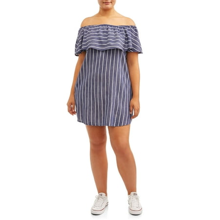 Thread Story Juniors' Plus Size Off-Shoulder Ruffle Dress