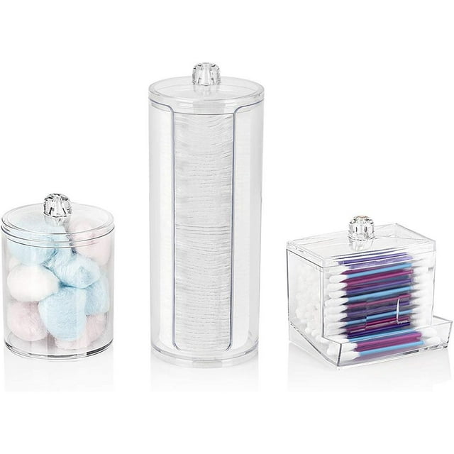 Juego de organizador de maquillaje, contenedor dispensador de almohadillas de algodón, caja de almacenamiento de hisopos de algodón acrílico y cilindro multiusos, caja de almacenamiento con tapa