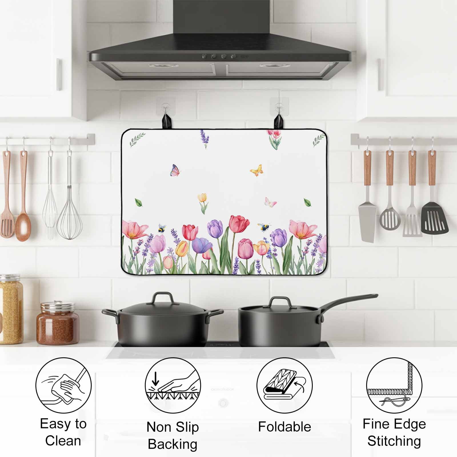 Spring Tulips Stove Top Cover for Electric Stove, Heat-proof & Non Slip Glass Top Stove Cover Protector, Colorful Floral Spring Farmhouse Kitchen Flat Cooktop Rubber Mat 24x21 Inches