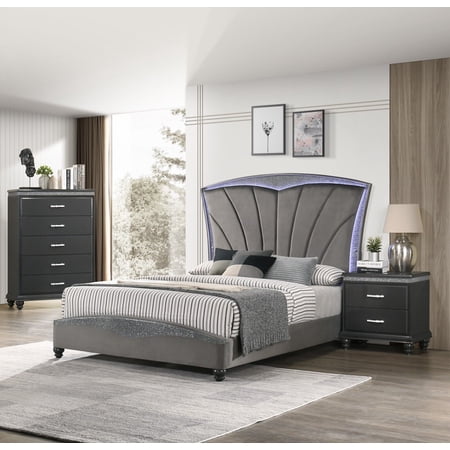 Modern 3Pc King Panel Bed Chest Nightstand Set Gray Blue LED Upholstered HB Bedroom Furniture
