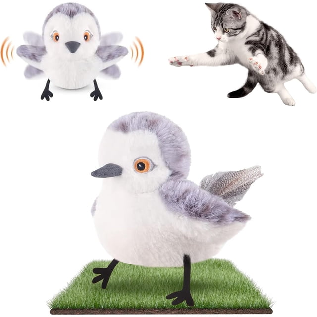 Oiseau Battant Réaliste Bécasseau Chantant Jouet Interactif pour Chat de Toutes Races Jouet à l'Herbe à Chat Rechargeable