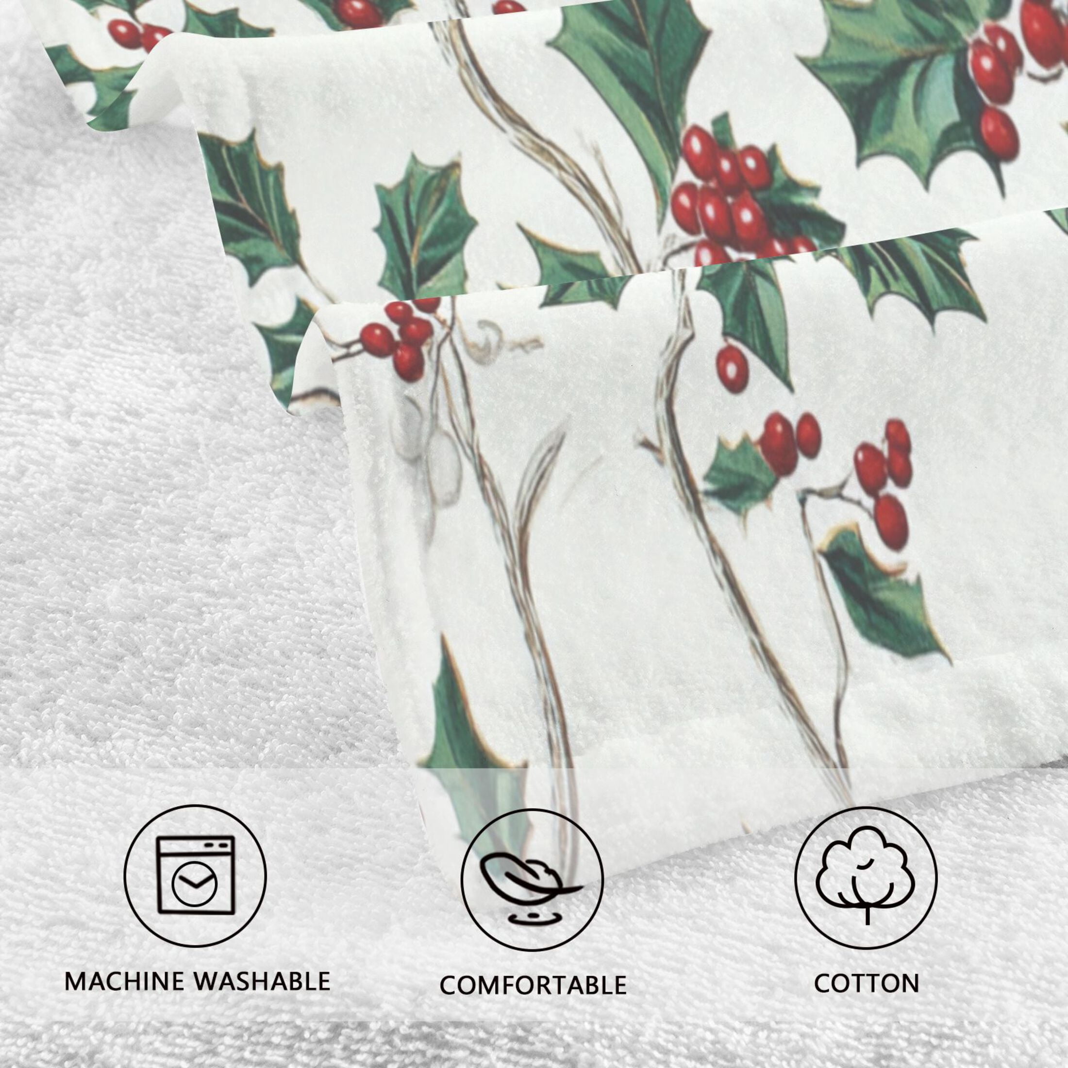 2 Pcs Absorbent Face Towel Bath Hand Towels Soft Breathable Cotton Towel Set for Bathroom Kitchen Hotel Spa Decor Holly Leaves and Berries